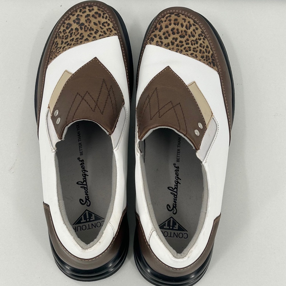Sandbaggers Pip Golf Shoes Womens 8 Leather Leopard Print Bronze White Slip On - Picture 6 of 10